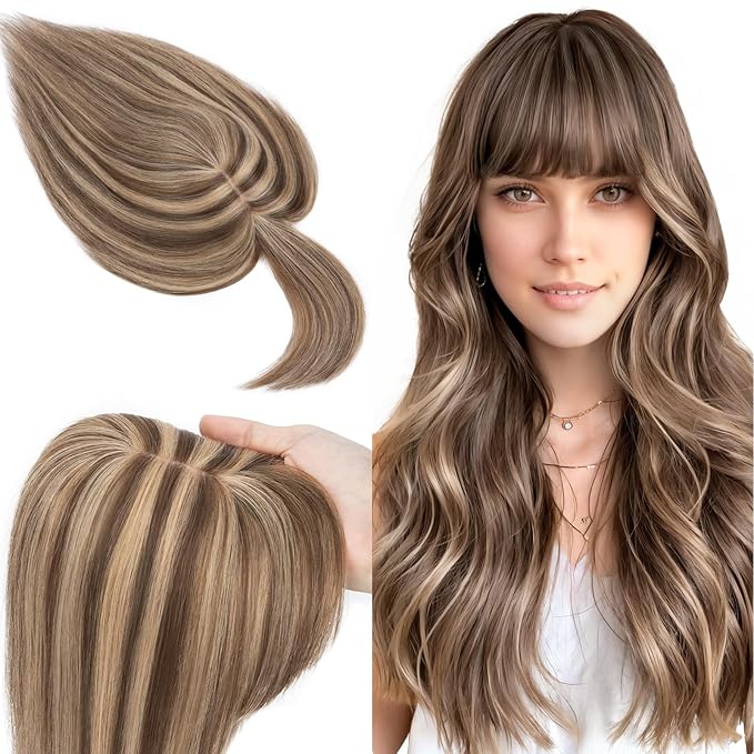 SEGO 100% Real Human Hair Toppers, with Air Bangs, Silk Base 150% Density, Clip in Topper, 2.7”x5.1”, HairPieces for Women, with Thinning/Hair Loss Cover Gray