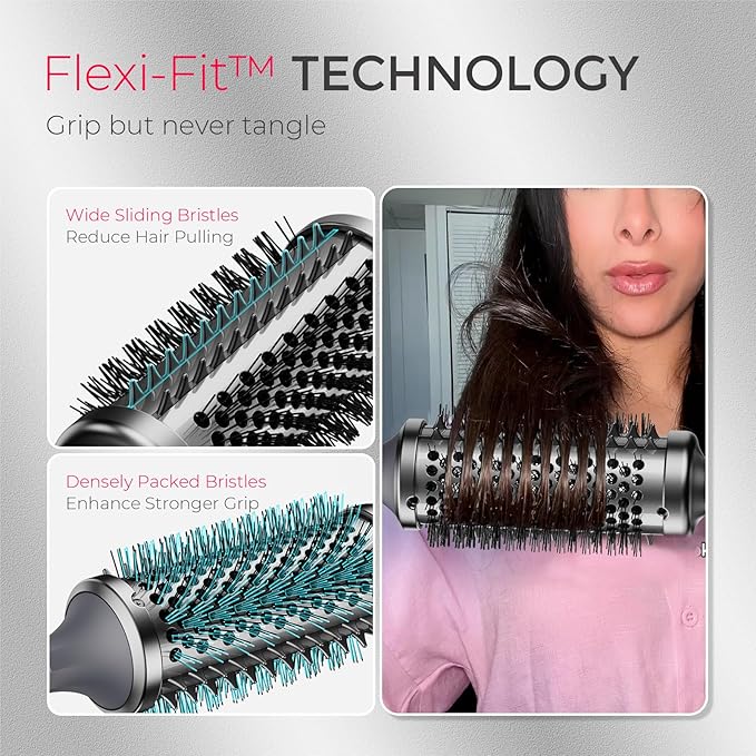 TYMO Thermal Brush Curling Brush - STYLUX 1.7 Inch Blowout Volumizer with Flexi-Fit for Hair Straightening, Heated Round Styler Tool, Hair Straightener and Curler 2 in 1, Dual Voltage, Metallic Gray