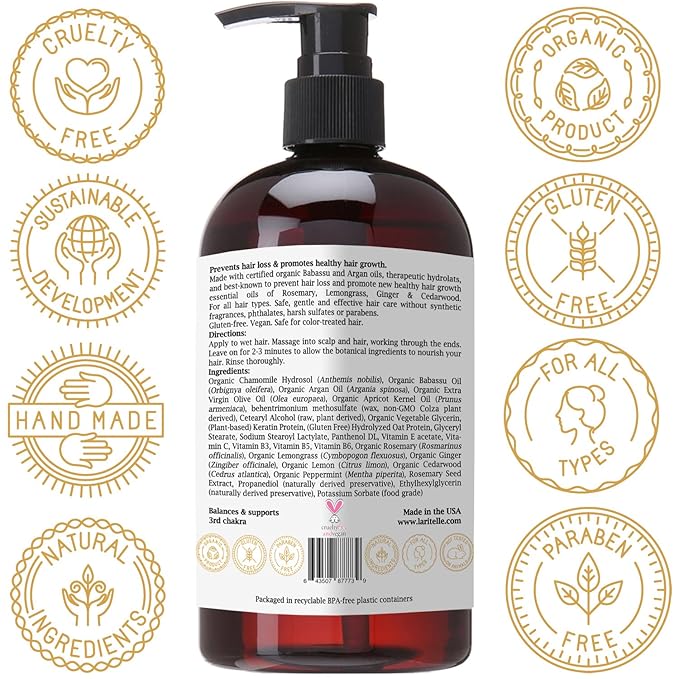 Laritelle Organic Conditioner 16 oz. Rosemary, Ginger, Cedarwood. Promotes Hair Growth, Prevents Hair Loss GF