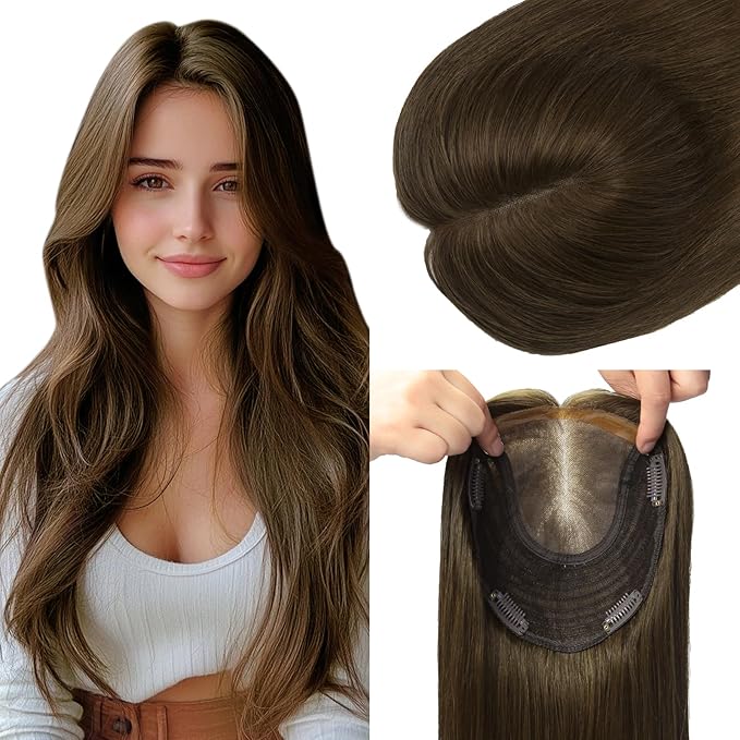 HAIR Real Human Hair Toppers for Women 150 Density 6x7inch Hand-Tied 65 grams 14 inch Hair medium dark brown for Women with Thinning Crown (#4 14inch)