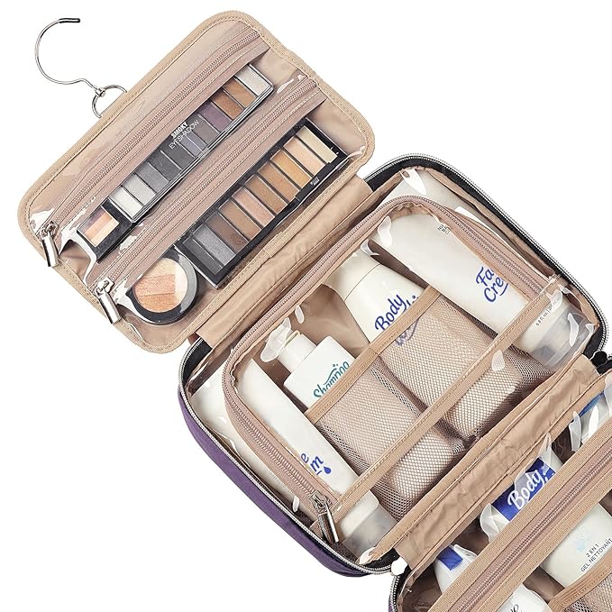 NISHEL Travel Toiletry Bag for women, Portable Hanging Organizer for Travel-Sized Shampoo, Conditioner, Brushes Set, Makeup Accessories, Medium Size, Purple