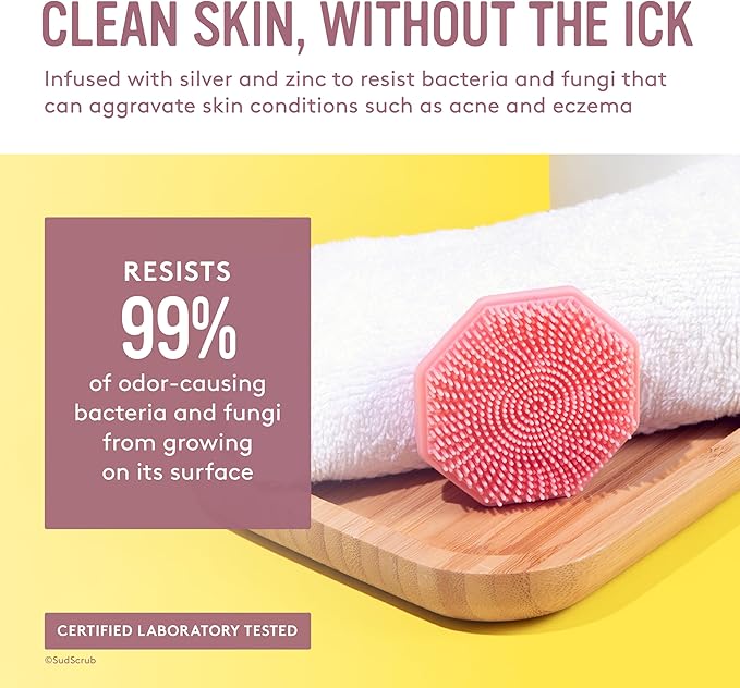 Sud Scrub® Antimicrobial Silicone Face Scrubber, 1 Pack, Gentle Face Exfoliator for Sensitive Skin, Eco Friendly Facial Cleansing Brush, Exfoliating Face Brush for Men and Women (Pink)