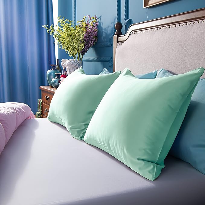 NTBAY Zippered Satin Pillow Cases for Hair and Skin, Luxury Standard Hidden Zipper Pillowcases Set of 2, 20x26 Inches, Cyan