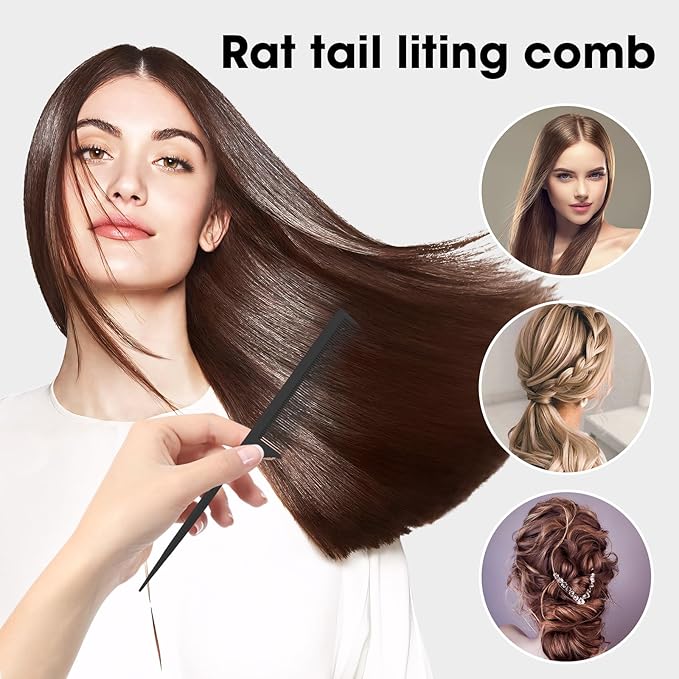 Rat Tail Comb 2Pcs Rat Combs for Women, Fine Tooth Parting Tip Carbon Fiber Root Teasing Anti Static Hair Comb, for Styling (2Pcs Black)
