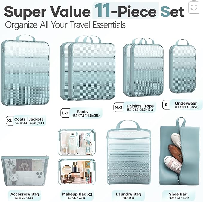 Veken 11 Set Compression Packing Cubes for Travel Essentials,Compressible Expandable Large Luggage Suitcase Organizer Bags for Clothing,Durable Space Saver Storage Bags with Toiletry Bags(Blue Gray)