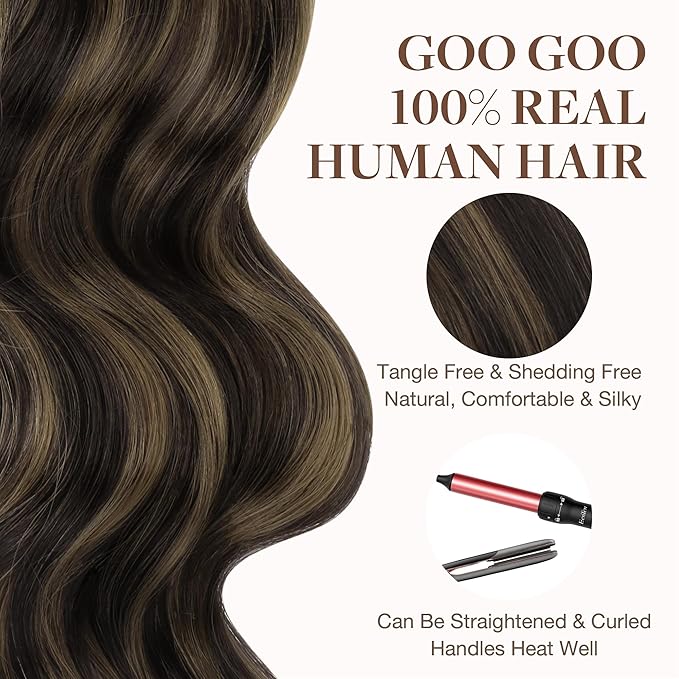 GOO GOO Tape in Hair Extensions Human Hair, 2/6 Dark Brown Highlighted Chestnut Brown, 14inch 50g 20pcs, Thick Ends Straight Seamless, Invisible Tape in Hair Extensions
