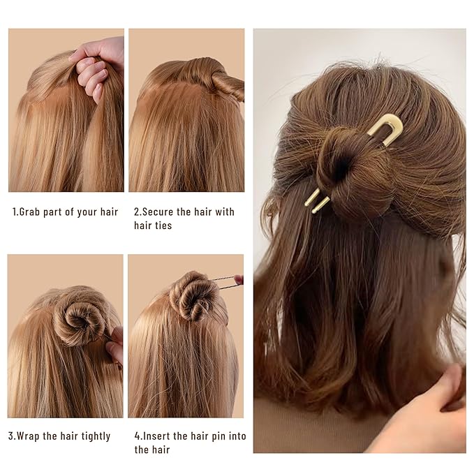 6Pcs Metal French Hair Pins for Women U Shape Sticks 3.9 Inch Vintage Fork for Hairstyle Accessories(Black/Gold)