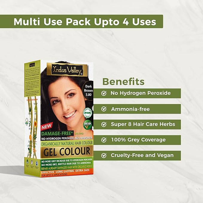 Indus Valley Natural Organic Damage Free Gel Hair Dye | Organic Hair Colour, Ammonia Free, Vegan & Cruelty Free | Up to 100% Gray Coverage, Long Lasting Results |Dark Brown 3.0 (20gram+200ml)