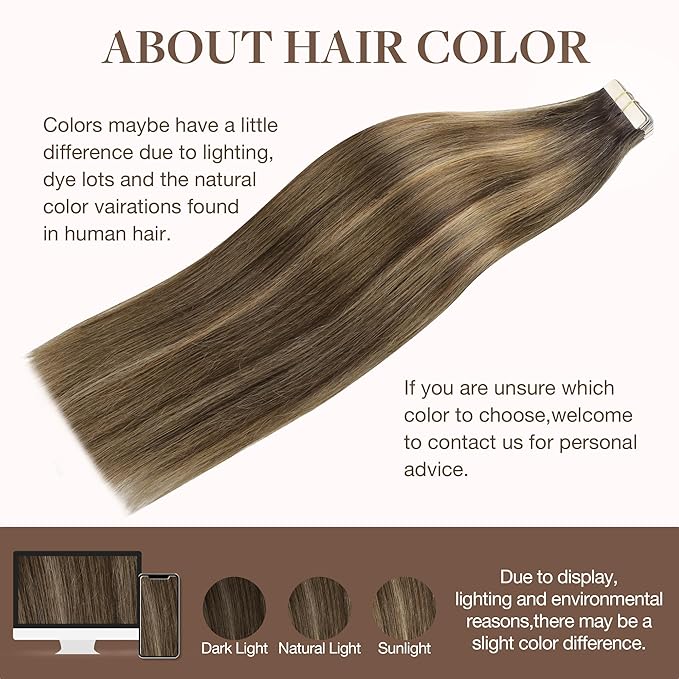 GOO GOO Tape in Hair Extensions Human Hair, 4D/14/5B Brunette Balayage, 26inch 60g 20pcs, Skin Weft Seamless Invisible, Silky Straight with Thick Ends, Remy Human Hair