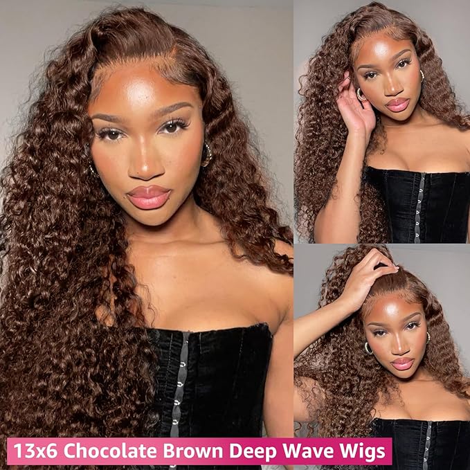 200% Density Chocolate Brown 13x6 Deep Wave Lace Front Wigs Human Hair Curly Wig HD Lace Front Wigs Human Hair Pre Plucked Frontal Wigs Human Hair Glueless Wig For Women (28 Inch)