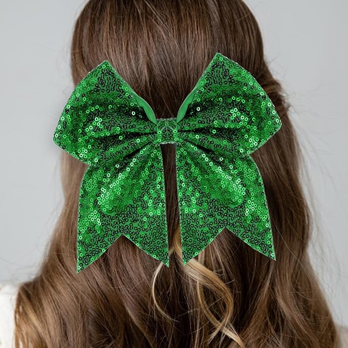 Large Glitter Cheer Bows Clips, Jumbo Big 7 Inch Cheerleading Sequin Hair Bow Hair Accessories for Teens Girls Football Sports Cheerleader Outfit Uniform (Green)