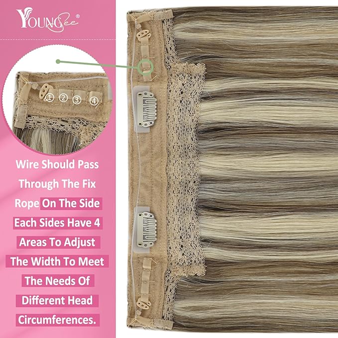 YoungSee 130G Wire Hair Extensions Real Human Hair Brown Highlight Blonde Wire Human Hair Extensions Highlights Brown to Blonde Invisible Couture Hair Extension for Natural Look 22Inch