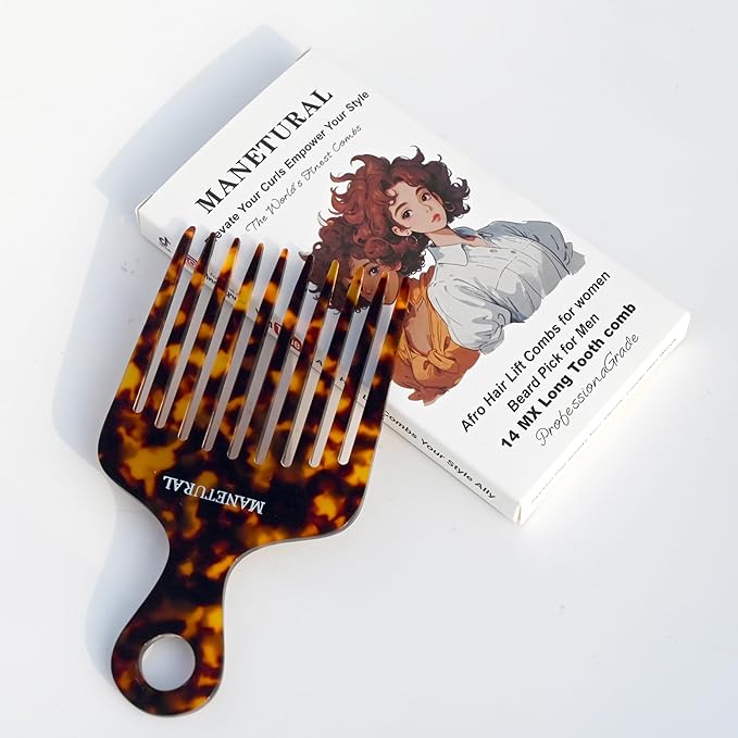 14MX Long-Tooth Comb/Afro Hair Lift Combs for Women's Curls and Men's Beards - Hand-Made, Hand-Crafted Beauty for Effortless Styling (Tortoise, 2 PACK)