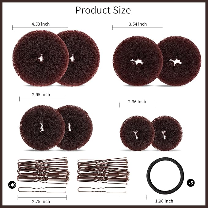 FANDAMEI Hair Bun Maker Set- 8 PCS Hair Donuts for Buns (2 Extra-large,2 Large,2 Medium and 2 Small), 40 PCS Bobby Pins, 5 PCS Hair Elastic Ties Black,Bun Maker - Brown