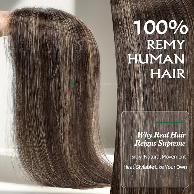 Full Hand Tied Hair Toppers for Women Remy Human Hair Lace Front Topper 14 Inch 6"×6" Partial wig Cover Thinning Hair or Loss No Bangs Top Hair Pieces (Dark Brown Highlights)