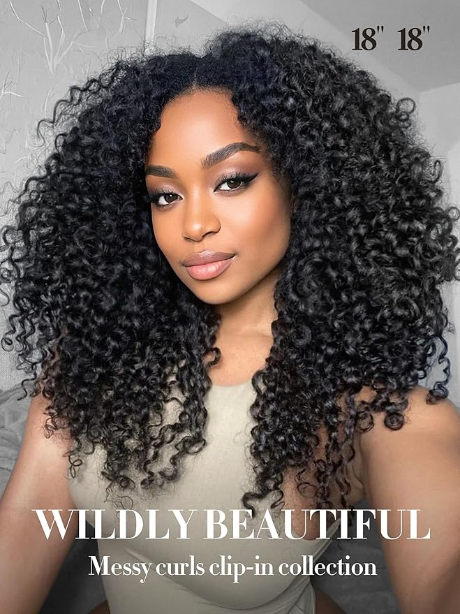LUVME Burmese Curly Clip in Hair Extensions Real Human Hair Messy Curly Clip Ins Fullness with 2 Pack for Women Brazilian Remy Human Hair Natural Black 135g 24Inch