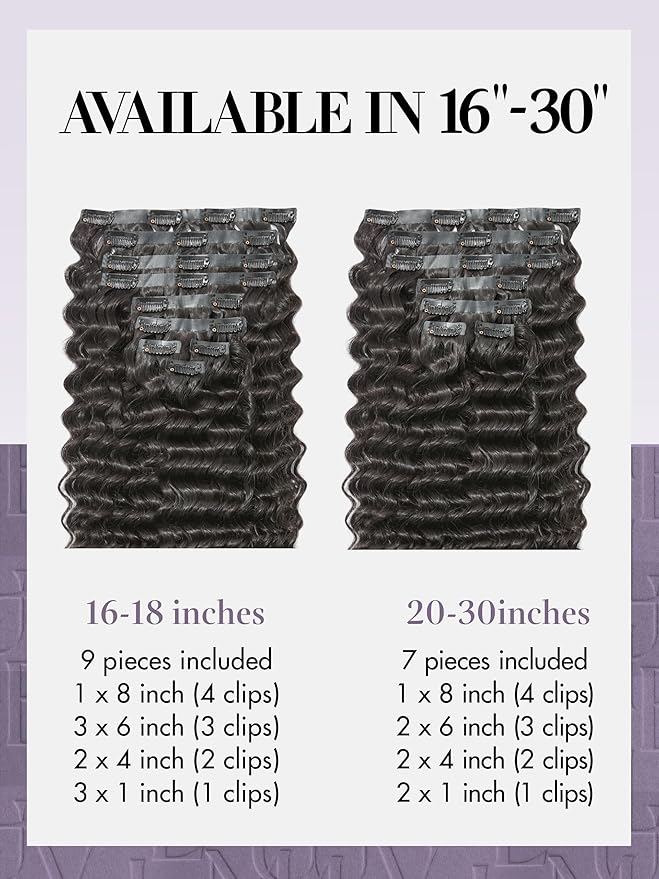 LUVME Hair Extensions Natural Black 30 Inch 135g 7pcs Real Human Hair Loose Deep Wavy Remy Clip in Human Hair Extensions Thick Hair