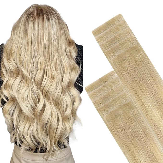 GOO GOO Invisi Edge Tape in Hair Extensions Human Hair, 18ET90A Natural Blonde Balayage, 10pcs 16inch 25g, Virgin Remy Hair, Seamless Injected Tape, Natural Look