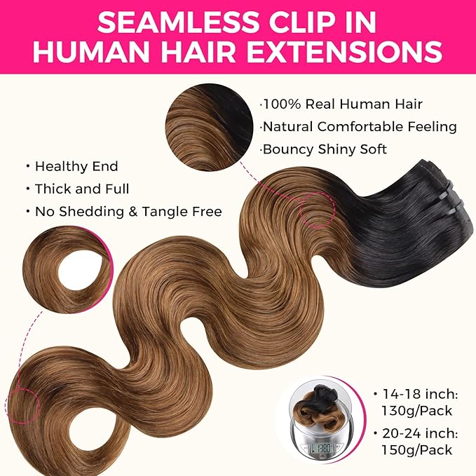 Lashey Seamless Clip in Hair Extensions Human Hair 130g 9pcs 18 Inch Body Wave Ombre Natural Black to Medium Auburn Clip in Hair Extensions for Women