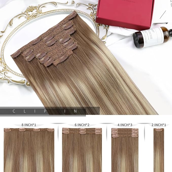 Moresoo Clip in Hair Extensions Balayage Double Weft Real Human Hair Extensions Clip ins Light Brown Mixed with Golden Blonde Full Head 7Pieces 120Grams 20inch