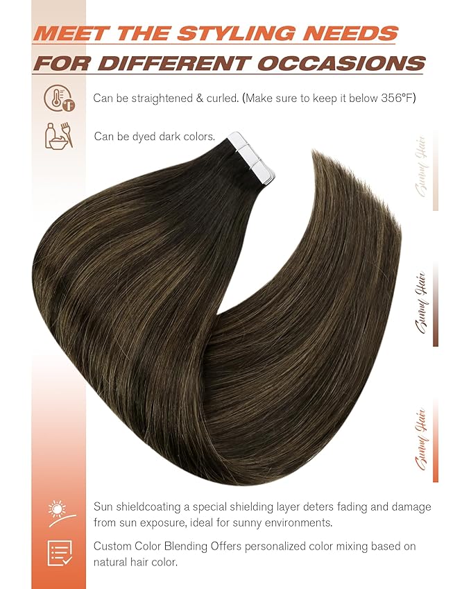 Sunny Hair Tape in Hair Extensions Human Hair 12 Inch Hair Extensions Real Human Hair Tape in Extensions for Women Darkest Brown Ombre Medium Brown Balayage Remy Hair Straight Skin Weft 40pcs 60g