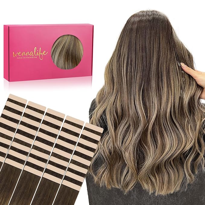 Wennalife Tape in Hair Extensions Human Hair, 40pcs 100g 20 inch Balayage Chocolate Brown to Honey Blonde Hair Extensions Real Human Hair Straight Tape in Extensions Reusable Real Hair Extensions