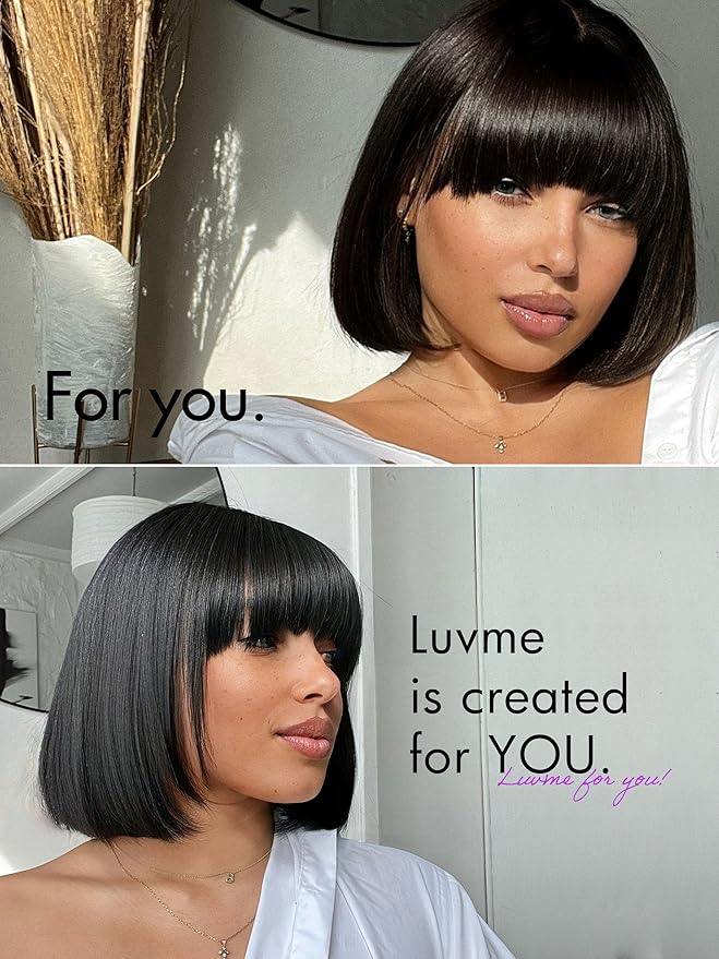 LUVME HAIR 10 Inch Light Yaki Straight Bob Wig with Bangs Human Hair Realistic HD Lace Short Black Bob Wigs, Ready to Go Blunt Cut Bob Wig Glueless 180 Density