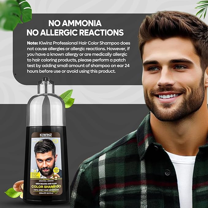 Dark Brown Hair Color Shampoo for Men – 5 in 1 Hair Dye Shampoo for Grey Hair - Instant Hair Dye with 100% Color Accuracy with Natural Ingredients - Ammonia Free - 500ml