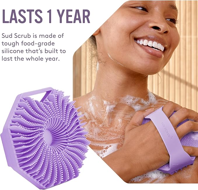 Sud Scrub® Antimicrobial Silicone Body Scrubber, Exfoliating Body Scrubber for Sensitive Skin, Eco Friendly Shower Scrubber for Body, Silicone Body Brush for Showering, Purple