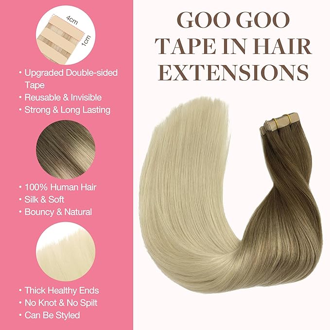 GOO GOO Tape in Hair Extensions Human Hair, 9/60 Balayage Ash Brown to Platinum Blonde, 12inch 80g 40pcs, Skin Weft Seamless Invisible, Silky Straight with Thick Ends, Remy Human Hair