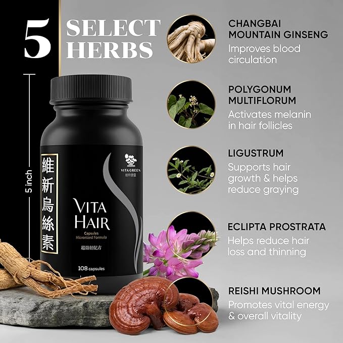 Vita Hair (Micronized Formula) Growth & Hair Loss Supplement – 100% Natural for Healthier Hair – Supports Hair Growth, Reduces Hair Loss, and Combats Graying for Men & Women – 108 Capsules