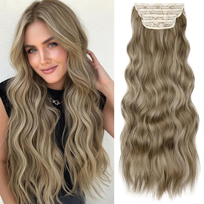 KooKaStyle Hair Extensions Ashy Taupe Blonde Clip in Synthetic Highlight Long Wavy 4PCS Thick Hairpieces for Daily Use 24 Inch for Women
