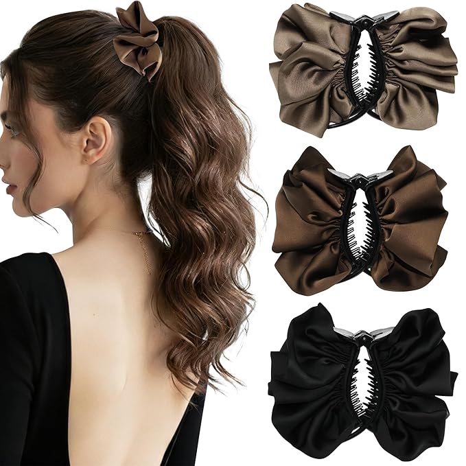 3 Pack Matte Satin Ruffled Hair Claw Clips, Pleated Scrunchie Ponytail Holder for Women, Non-Slip Bun Cuff Clamp, French Style Elegant Hair Accessories (Black, Brown, Khaki)