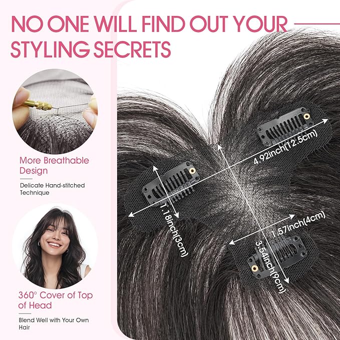 Hairro Human Hair Toppers with Wispy Bangs, 3D 360° Seamless Real Hair Toppers, Hand-Tied with 3.5"x4.7" T-shaped Base, Clip-In Hairpieces to Add Volume on Top, 11 Inch Natural Black