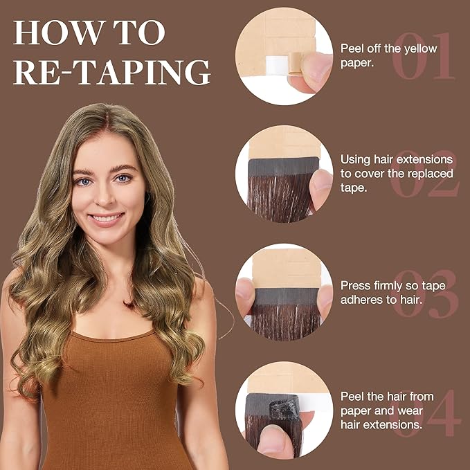 GOO GOO Tape in Hair Extensions Human Hair, 7 Bronde, 16inch 100g 40pcs, Skin Weft Seamless Invisible, Silky Straight with Thick Ends, Remy Human Hair