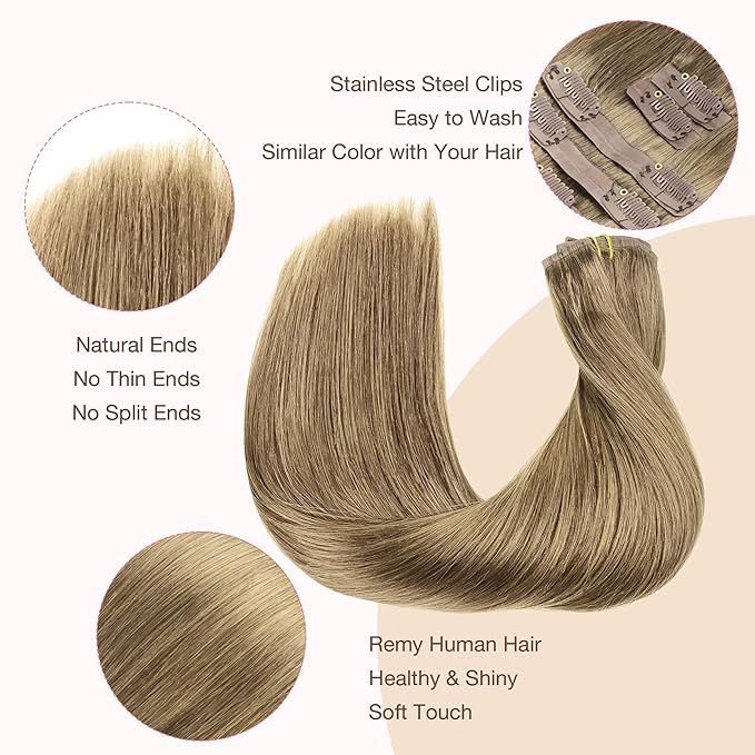 GOO GOO Clip in Hair Extensions Real Human Hair, Remy Human Hair Extensions Clip ins for Women, Natural Human Hair, 20inch 110g 7Pcs, 7 Bronde
