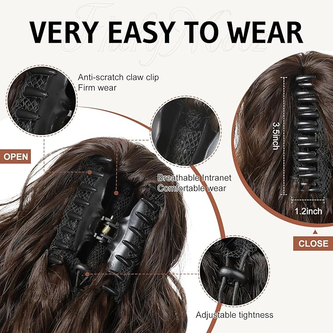 FLUFYMOOZ Wavy Curly Claw Clip Ponytail - Natural Synthetic Hairpiece, 18 Inch (Dark Chocolate Brown)