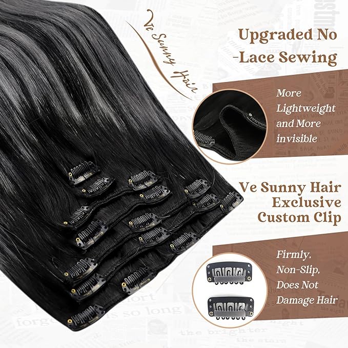 Ve Sunny Clip in Hair Extensions Real Human Hair Black Real Hair Extensions Clip ins Human Hair Grey Silver Clip in Extensions Real Human Hair Comfortable 7pcs 120g 22inch