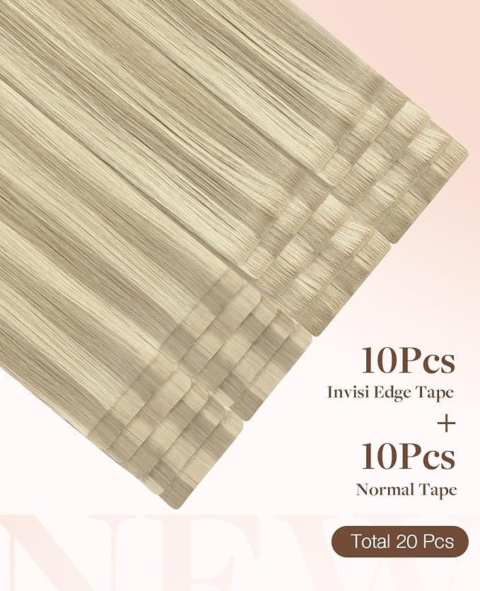 GOO GOO Invisi Edge Tape in Hair Extensions Human Hair, 17A/60A Ash Blonde Highlighted Platinum Blonde 10pcs injected with 10pcs classical tape ins, 24inch 50g, Virgin Remy Hair, Natural Look