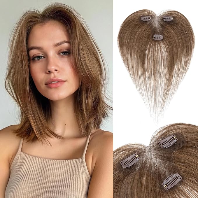 Hair Topper with Side Bangs Human Hair Curtain Bangs Topper for Women, T-part Lace Base Real Human Hair Topper Hair Piece for Daily Wear(Side Bangs,Meduim Brown)