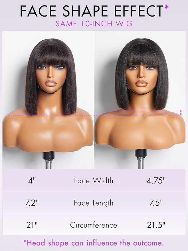 LUVME HAIR 10 Inch Light Yaki Straight Bob Wig with Bangs Human Hair Realistic HD Lace Short Black Bob Wigs, Ready to Go Blunt Cut Bob Wig Glueless 180 Density