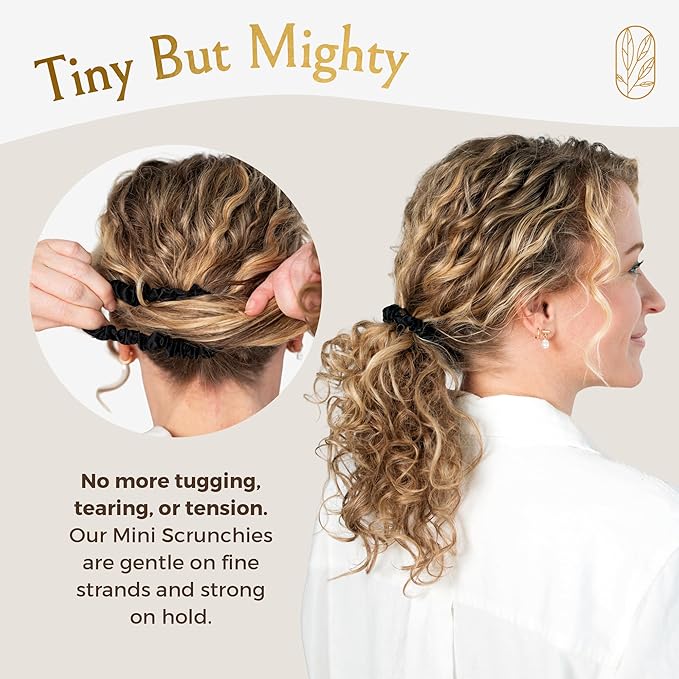 Authentic Mini Mulberry Silk Scrunchies for Women & Kids - Anti Breakage Small Silk Scrunchies for Fine, Curly & Thin Hair - No Dent, No Slip Hair Ties for Buns, Sleep & Ponytail - Onyx Black (3 Pack)