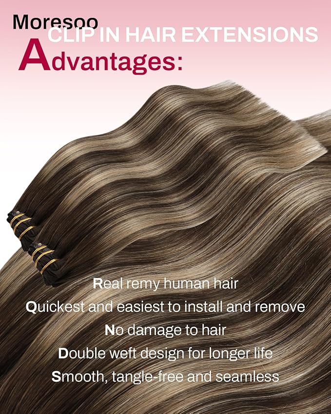 Moresoo Clip in Hair Extensions Human Hair Dark Brown to Blonde Balayage Hair Extensions Clip ins Long Ombre Dark Brown to Honey Blonde Double Weft 80g/5pcs 20 inch