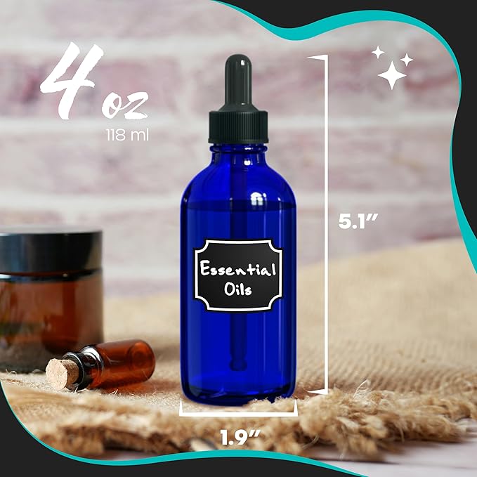 Nevlers Blue Glass Dropper Bottle 4 Oz 48 Pack | Leakproof Tincture Bottles with Dropper, Shrink Wrap, Funnel, Brush, Marker, & Labels | For Use as Hair Oil Bottle & Liquid Medicine Travel Container