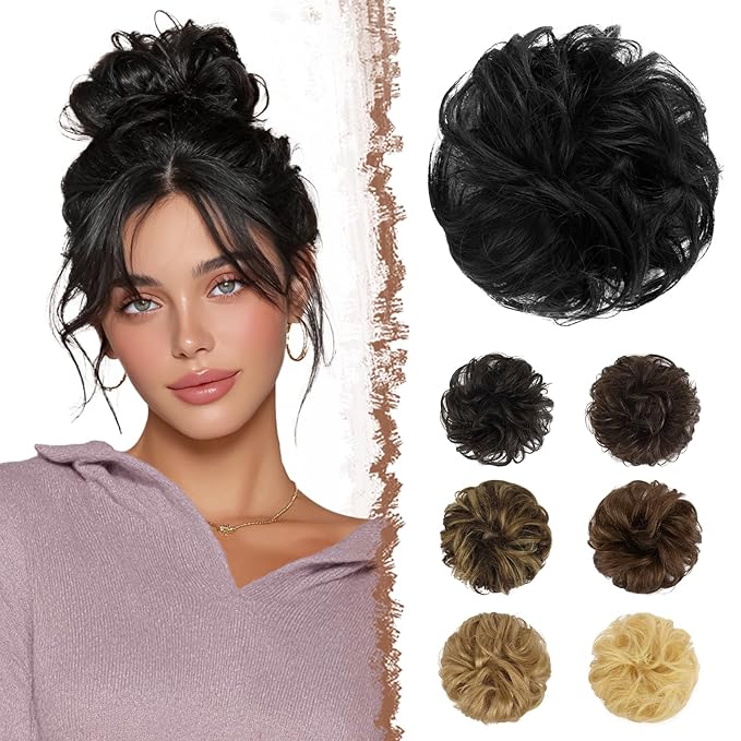 FESHFEN Human Messy Buns - 100% Human Hair Bun Real Scrunchies Hair Pieces Ponytail Extensions Wavy Tousled Updo Chignon Hairpieces for Women, Black