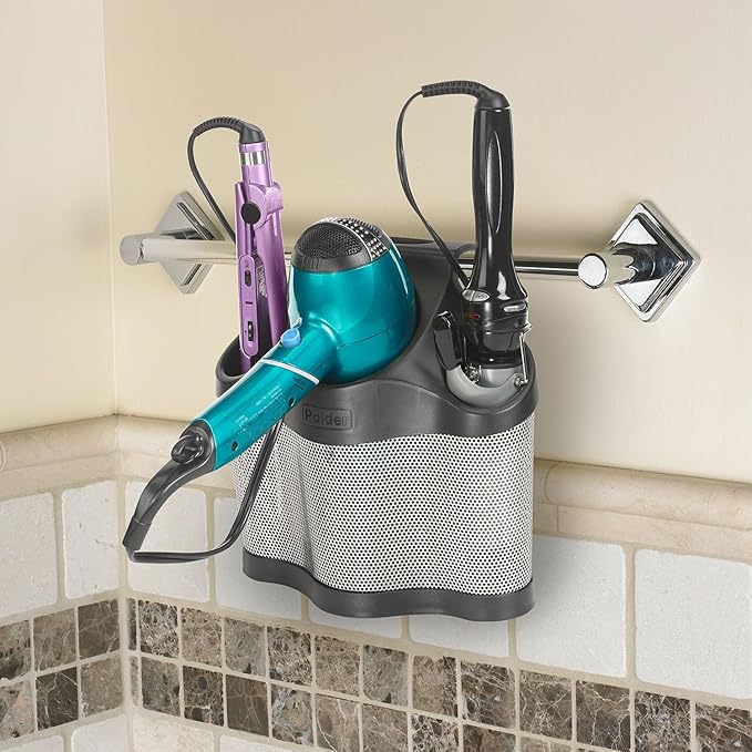Polder Style Station, Organization for Styling Tools: Hair Dryers,Curling Irons, Straighteners, Brushes, Hang Over Towel Rack, Store Undersink or in Drawer, Black and Silver