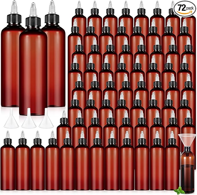 Barydat 72 Pcs 8 oz Squeeze Bottle Twist Top Applicator Bottles Empty Hair Oil Bottle with Funnels Refillable Amber Plastic Bottles for Liquid Hair Oil Shampoo Lotion