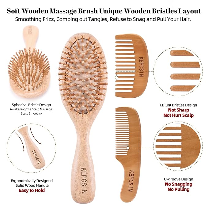 3PCS Solid Wooden Hair Brush and Small Wood Comb, Detangling Brush with Natural Bristles, Portable Scalp Massage Kit for All Hair Types, Wood Haircare Gift for Women/Men