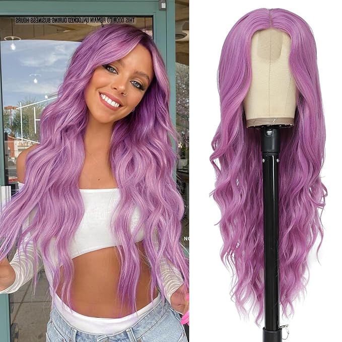 NAYOO Long Purple Wavy Wig for Women 26 Inch Middle Part Curly Wavy Wig Natural Looking Synthetic Heat Resistant Fiber for Daily Party (Purple)