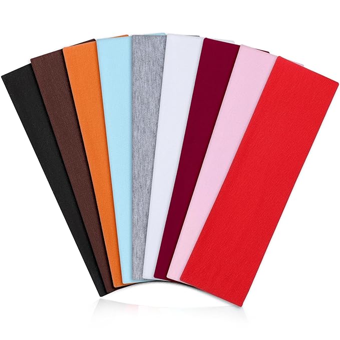 9 Pack Headbands for Women Non Slip - Elastic Cotton Fabric - Sweat Absorption - Soft Cloth Hair Bands for Women's Hair, Stretchy Sports Headbands for Workout Yoga Gym - C